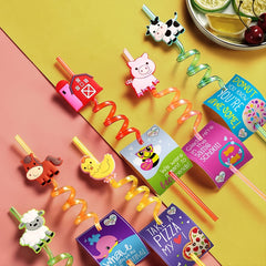 24pcs Farm Animal Plastic Straws & 2 Cleaning Brushes