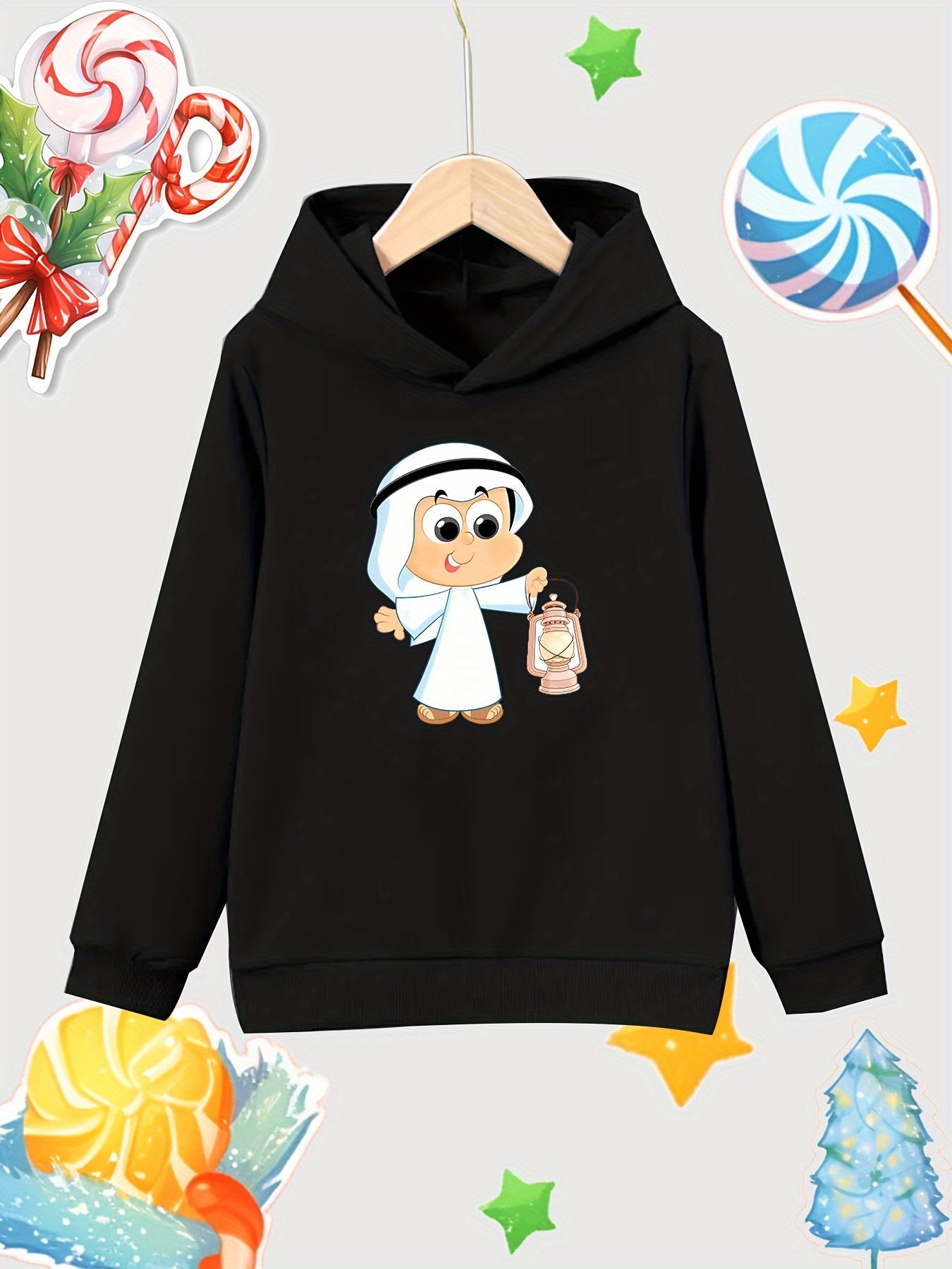 Cartoon Boy Pattern Girl's Cotton Hoodie Active Hooded Sweatshirt