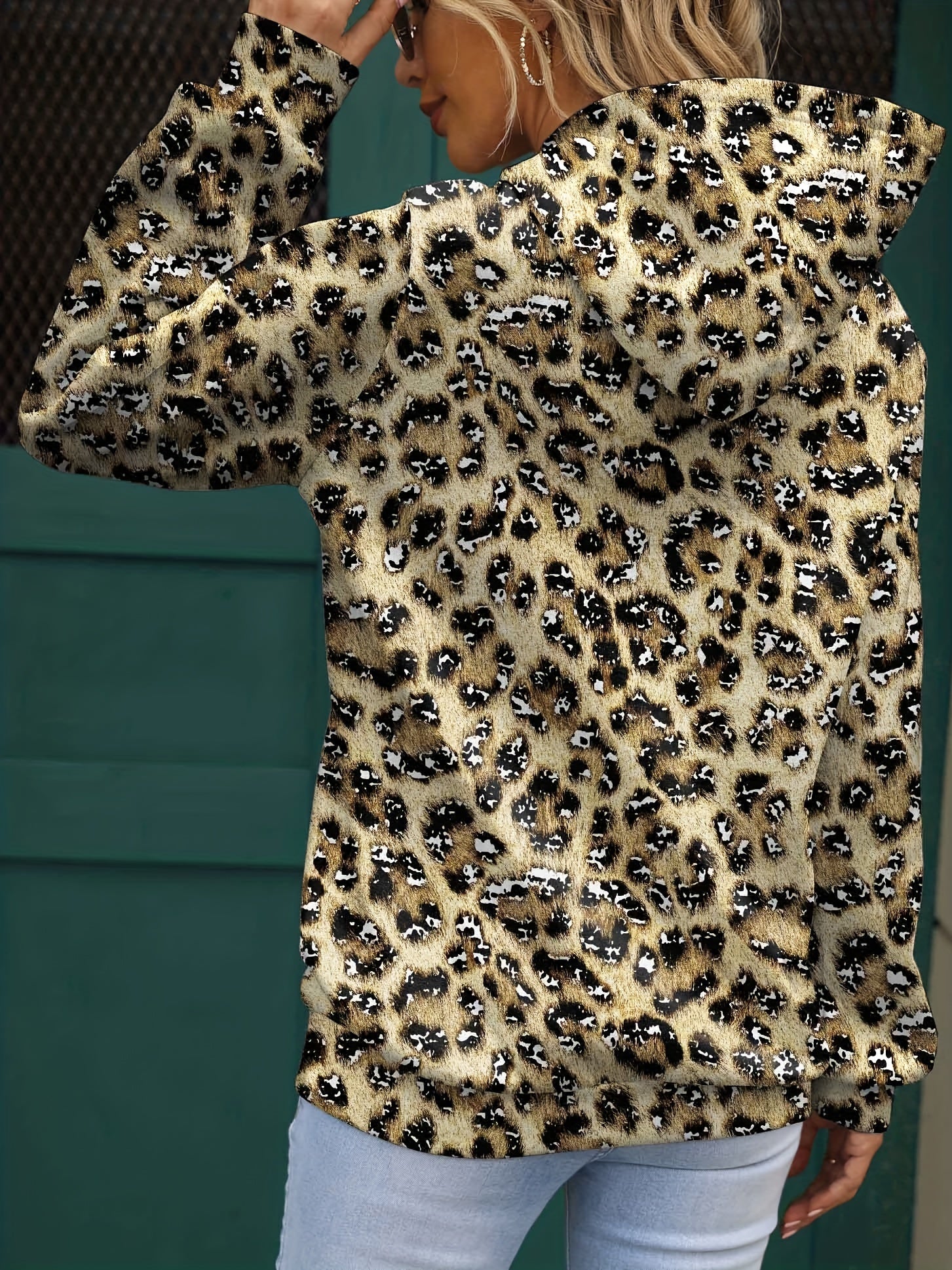 Heart & Leopard Print Hoodie with Kangaroo Pocket
