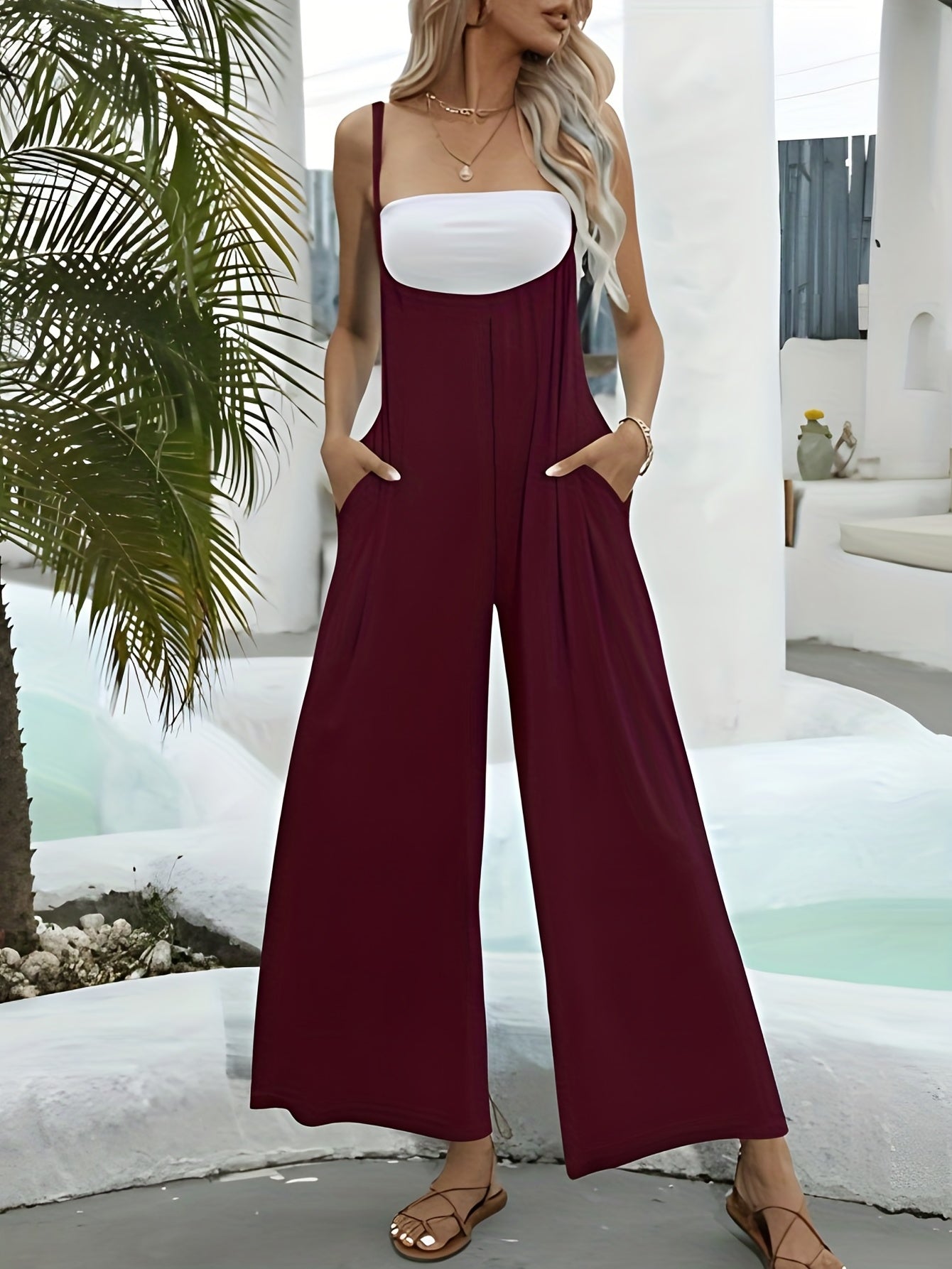 Casual Sleeveless Spaghetti Jumpsuit Long Wide Leg