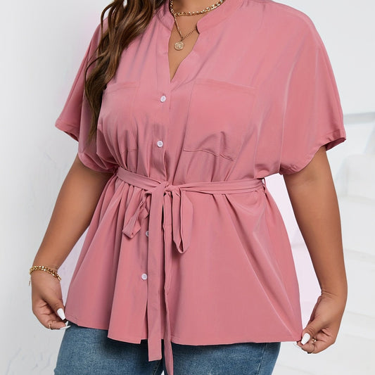 Solid Short Sleeve Blouse with Belted Top