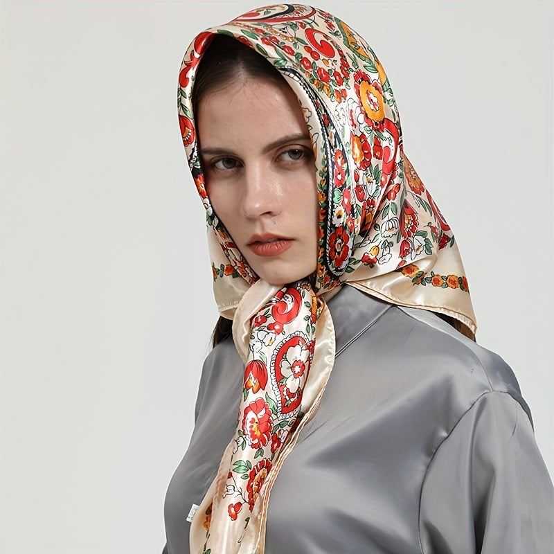 Flower Printed Square Scarf Silk Feeling Satin Scarf Bandana