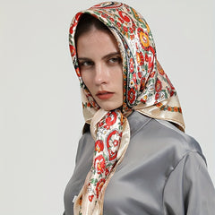 Flower Printed Square Scarf Silk Feeling Satin Scarf Bandana