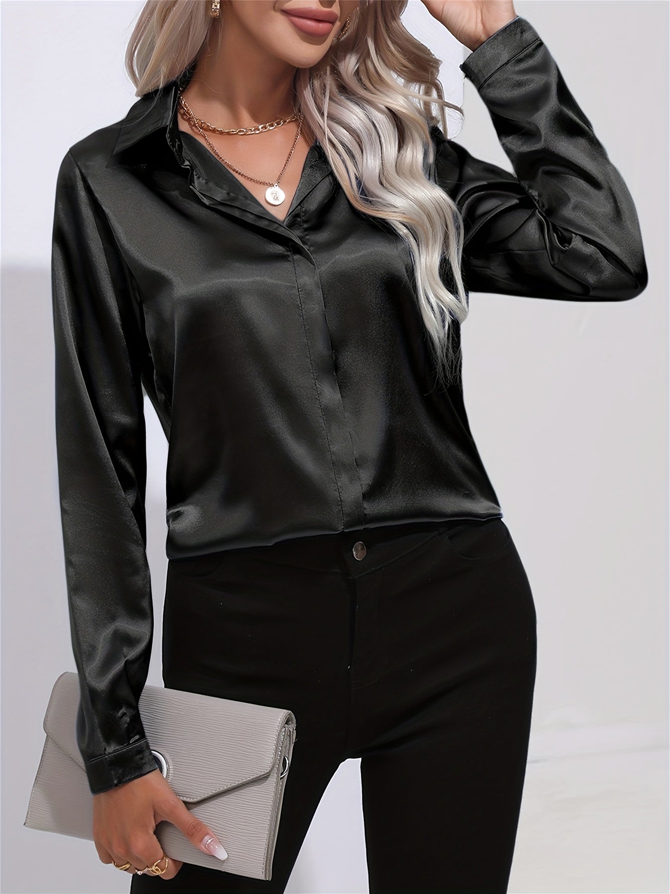 Solid Smoothly Shirt Button Front Turn Down Collar Long Sleeve Shirt