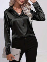 Solid Smoothly Shirt Button Front Turn Down Collar Long Sleeve Shirt