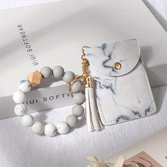 PU Tassel Wrist Keychain Anti-lost Card Coin Purse Bracelet Key Ring