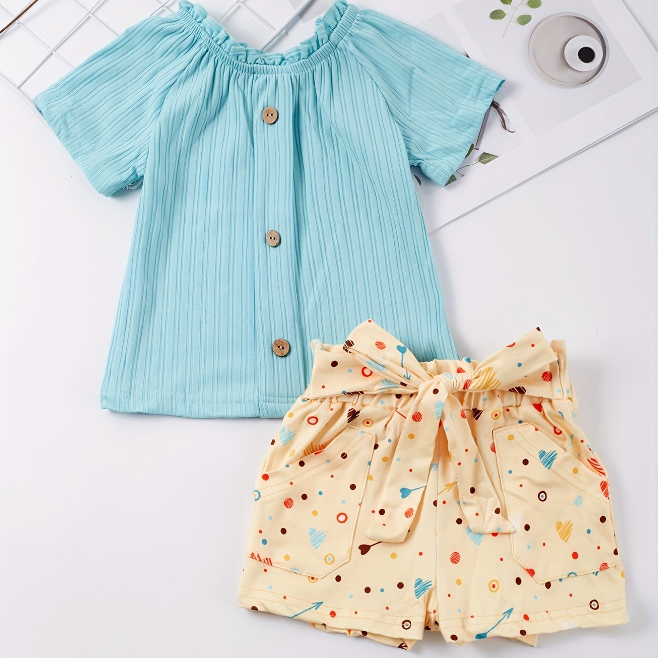 Girls Frill Trim Button Top & Sunflower Shorts Set