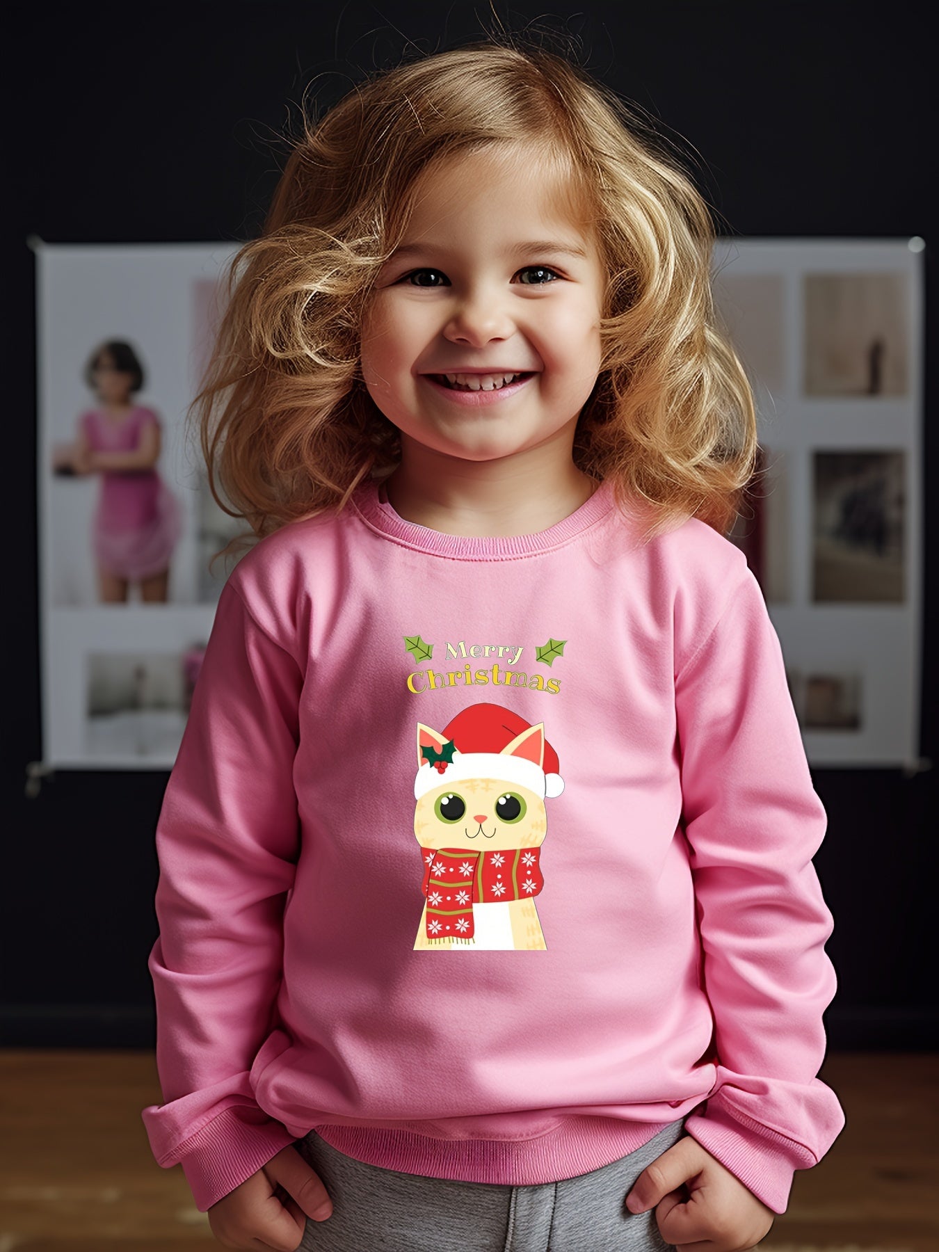 Christmas Kitty Graphic Crew Neck Long Sleeve Sweatshirt Kids