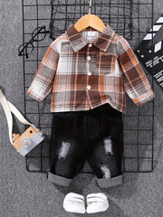 Kids Outfit Button Down Shirt Ripped Jeans Suit