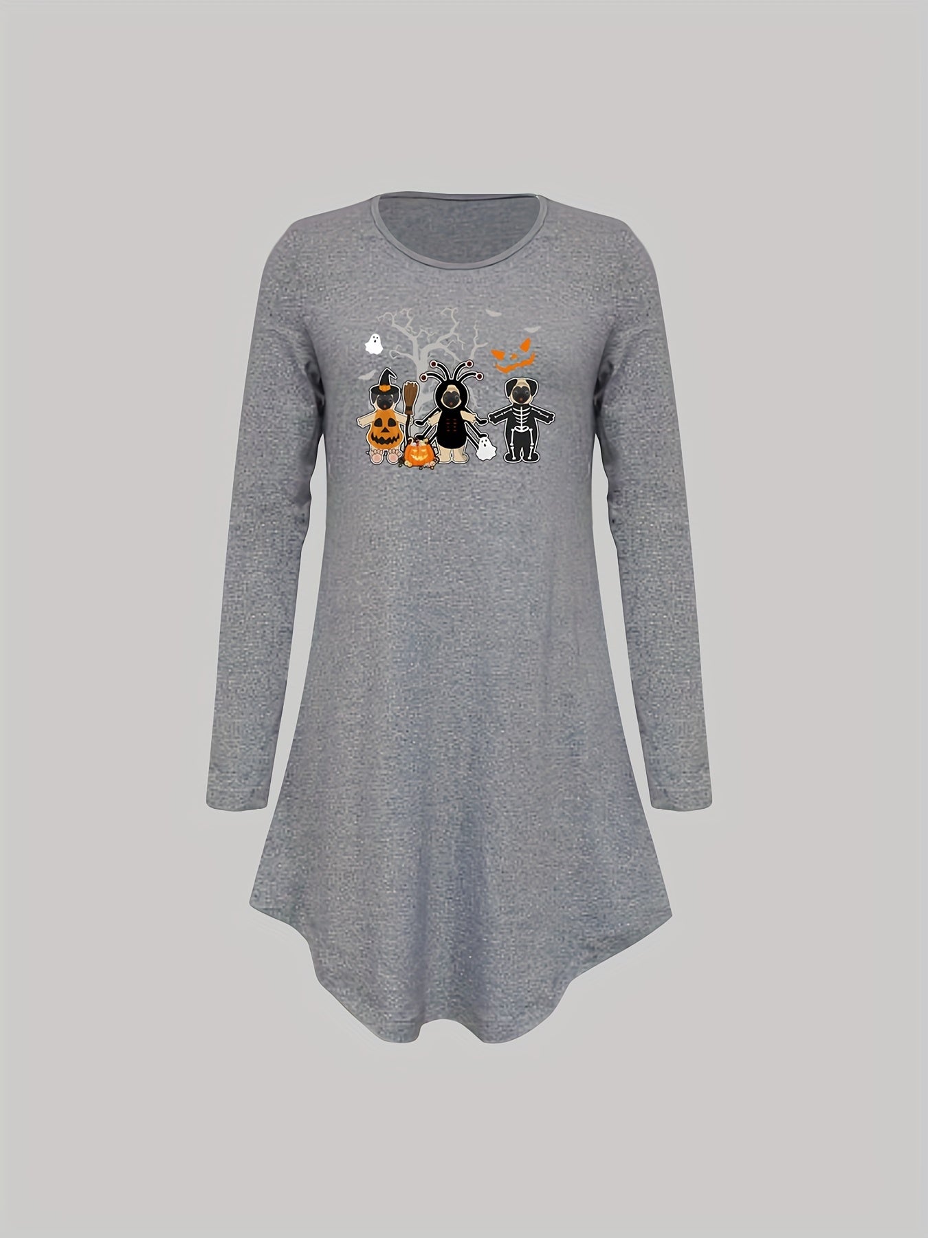 Cartoon Print NightDress Halloween Crew Neck Long Sleeve Pajama Dress Women's