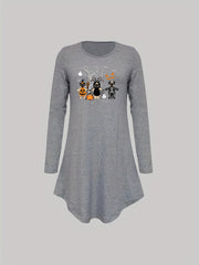 Cartoon Print NightDress Halloween Crew Neck Long Sleeve Pajama Dress Women's