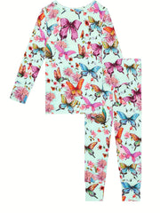 Girl's Butterfly Allover Print Pajama Set, Long Sleeve Top & Pants