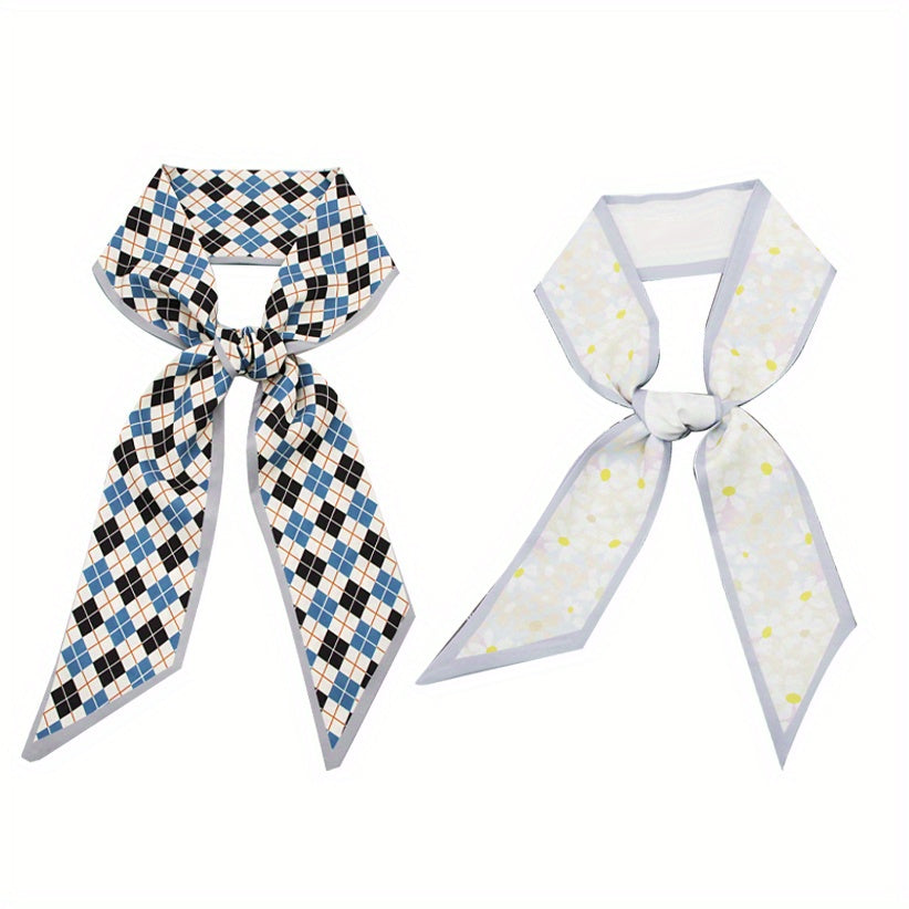 2pcs Plaid & Floral Skinny Scarf Long Ribbon Neckerchief Decorative Wrist Wraps