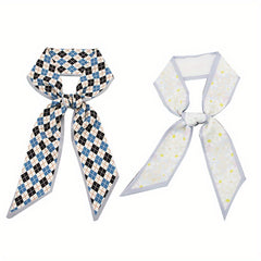 2pcs Plaid & Floral Skinny Scarf Long Ribbon Neckerchief Decorative Wrist Wraps