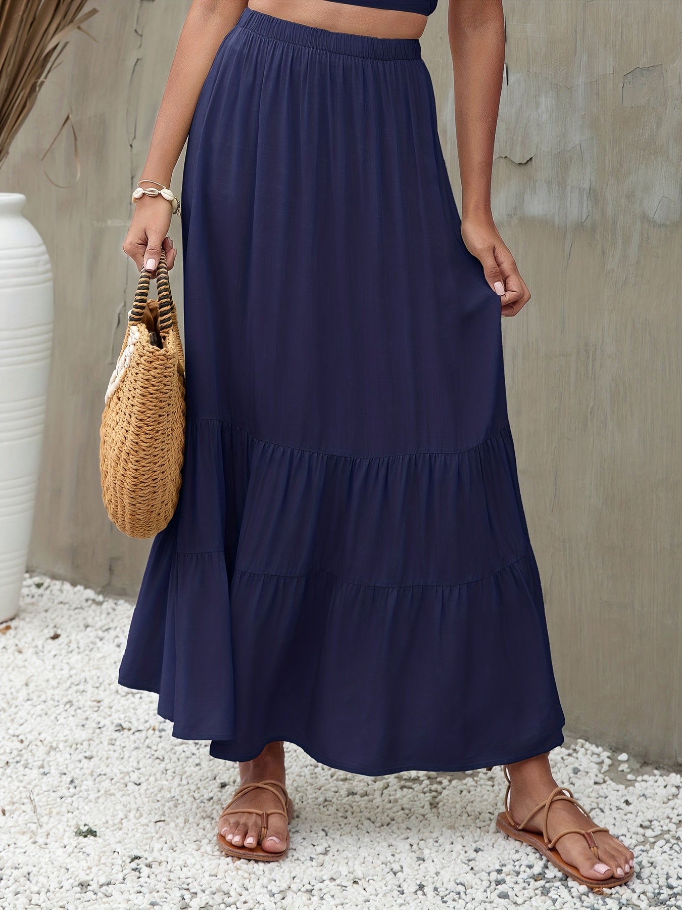Boho Ruffle Trim Tiered Long Skirts Elastic Waist A line Maxi Skirts Women's