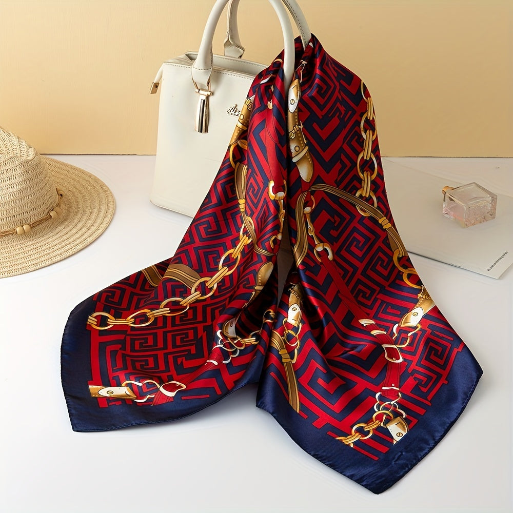 Red Geometric Print Square Scarf Vintage Chain Pattern Satin Shawl