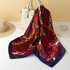 Red Geometric Print Square Scarf Vintage Chain Pattern Satin Shawl
