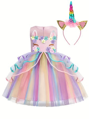 Unicorn Princess Dress Floral Print Mesh Tulle Kids Dress