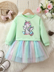 Girls Unicorn Long Sleeve Tutu Dress Tulle Stitching Casual Dress