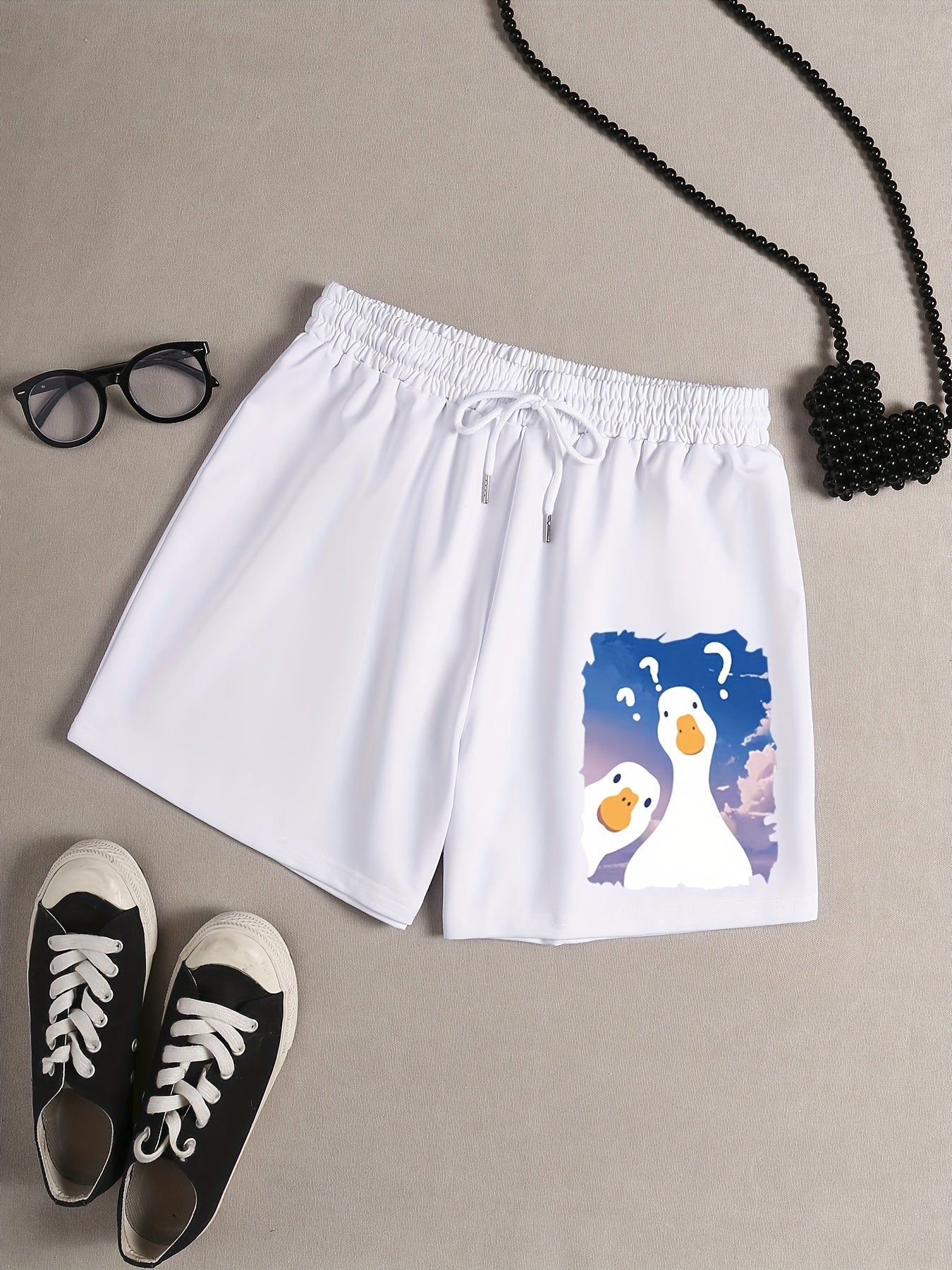 Goose Print Lounge Shorts Elastic Waist Sporty Pajama Shorts