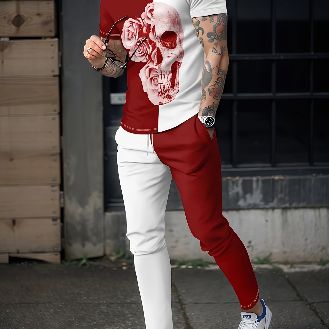 Skull And Roses Mens 2 Piece Outfit Block T-shirt And Sweatpants Set