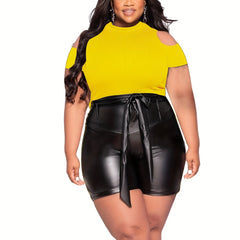Solid Cold Shoulder Crop Top & Faux Leather Shorts Set