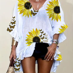 Plus Sunflower Print Ruffle Trim V Neck T shirt With Tassel Keyhole Tie