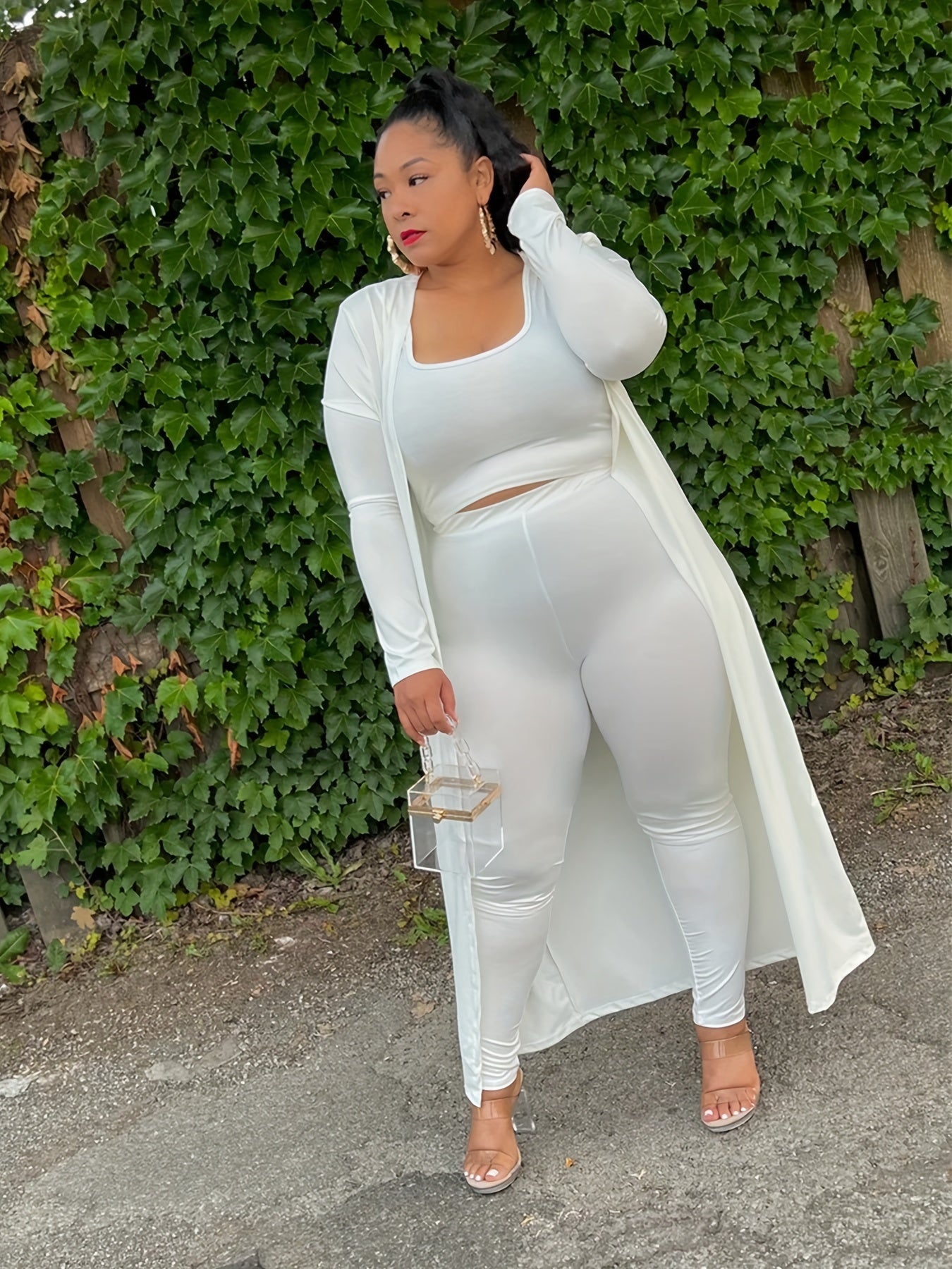 Solid Cop Tank Top & Leggings & Cardigan Outfit Set
