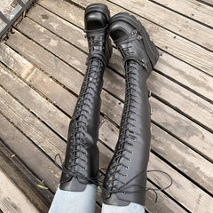 Chunky Lace-Up Knee High Boots Platform Wedge Heel Punk Footwear
