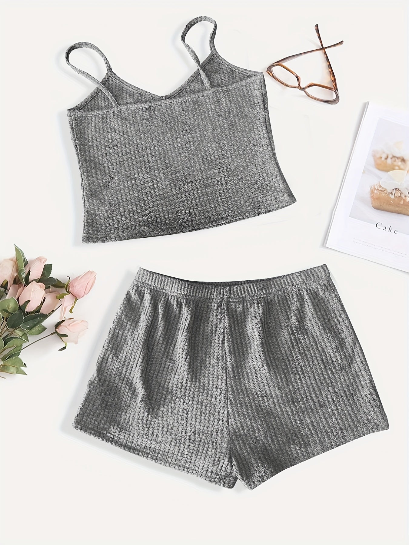 2pcs Summer Sports Suits Cami V neck Top & Casual Shorts Women's Activewear