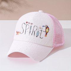 Letter Bird Printed Trucker Hat Pink Mesh Breathable Baseball Cap Women