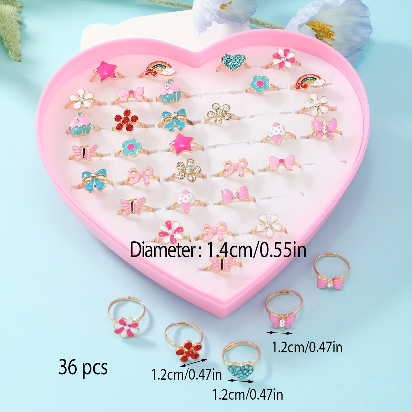 36pcs Girls Colorful Alloy Rings Set - Children Kids Accessories Gift