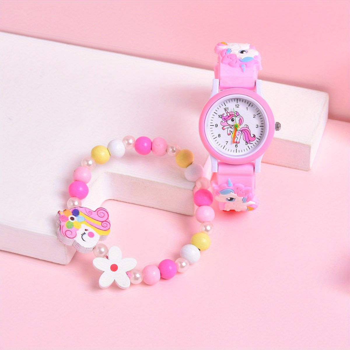 Girls' 3D Cartoon Horse Silicone Strap Watch Set with Wooden Bracelet