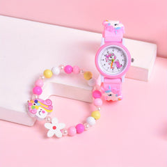 Girls' 3D Cartoon Horse Silicone Strap Watch Set with Wooden Bracelet