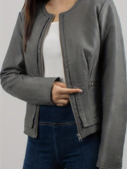 Faux Leather Quilted Jacket Zipper Motor Vintage Long Sleeve