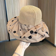 Polka Dot Print Bucket Hat Bow Decor Wide Brim Travel Beach Hats