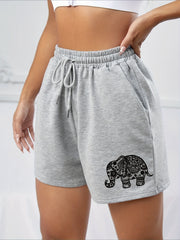 Elephant Print Drawstring Shorts Solid Sports Casual Shorts