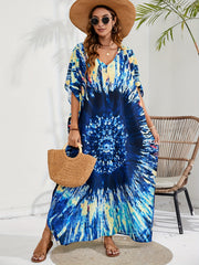 Plus Tie Dye Batwing Sleeve V Neck Maxi Split Kaftan Cover Up Dress