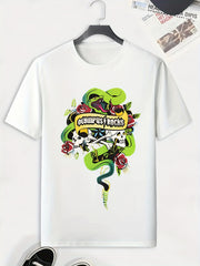 Men's Skull & Snake Print Tee Stretch Breathable Outdoor T-shirt