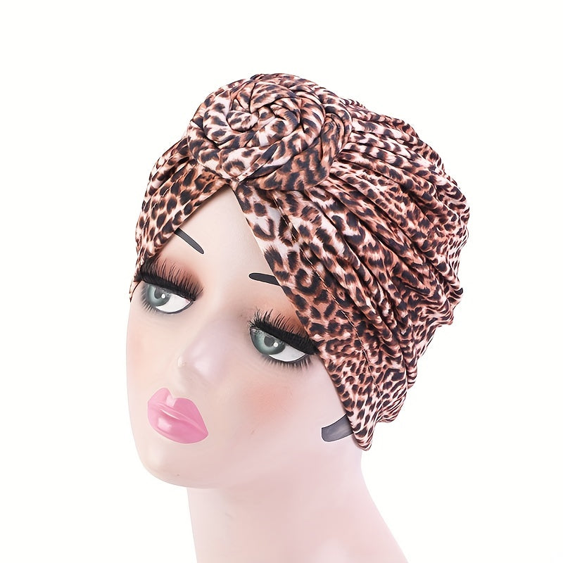 Leopard Boho Print Turban Cap Cotton Elastic Head Wrap Knotted Bonnet Head Scarf