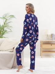Donut Print Pajama Set Crew Neck Top & Pants Women's Sleepwear