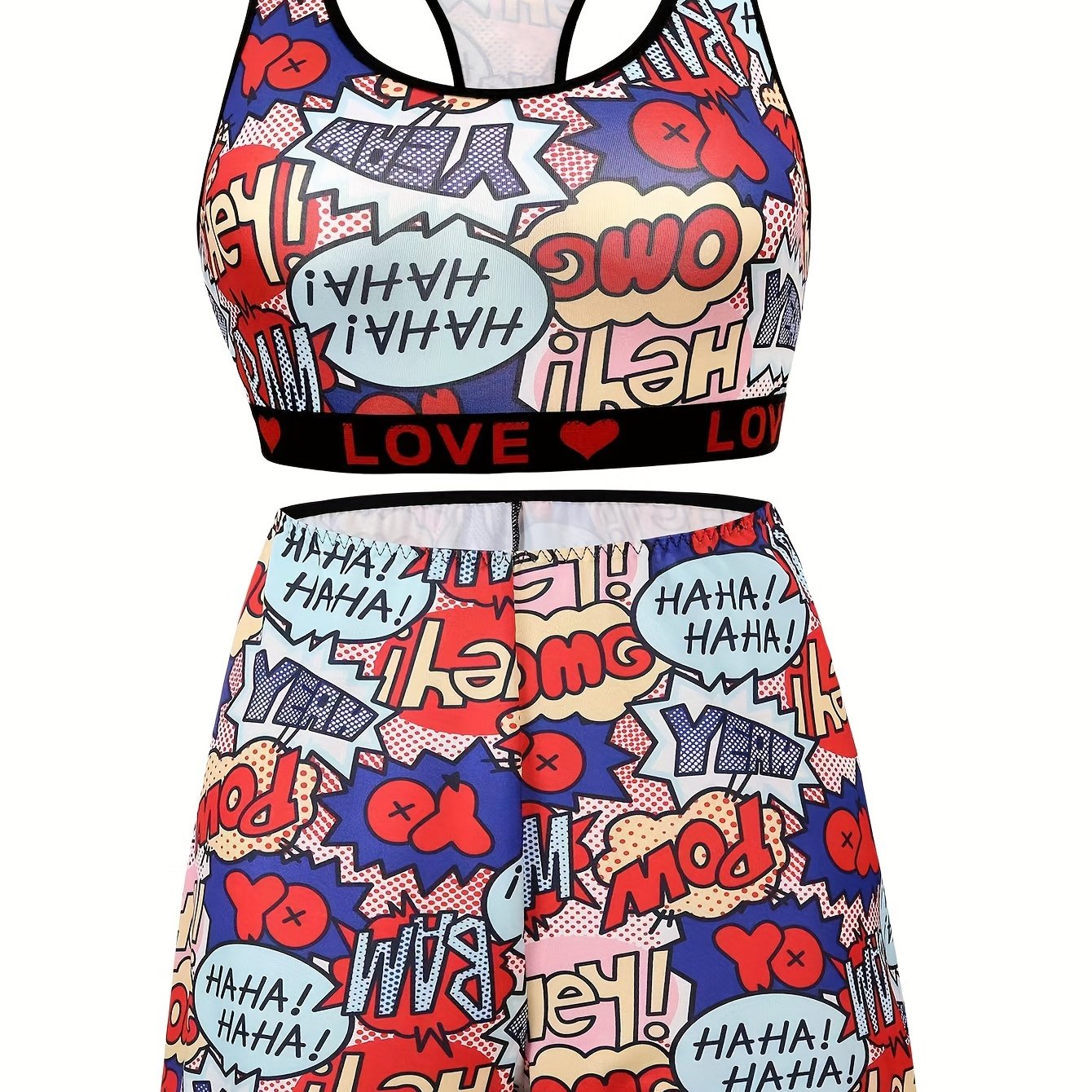 Y2K Pop Art Print Racer Back Tank Bra & Shorts Set