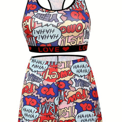 Y2K Pop Art Print Racer Back Tank Bra & Shorts Set