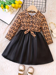 Girls' Geo Print Stitching Dress for Autumn Spring