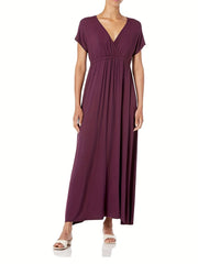 Casual Dress Solid Bat Sleeve Surplice Neck Ruched Maxi Dress