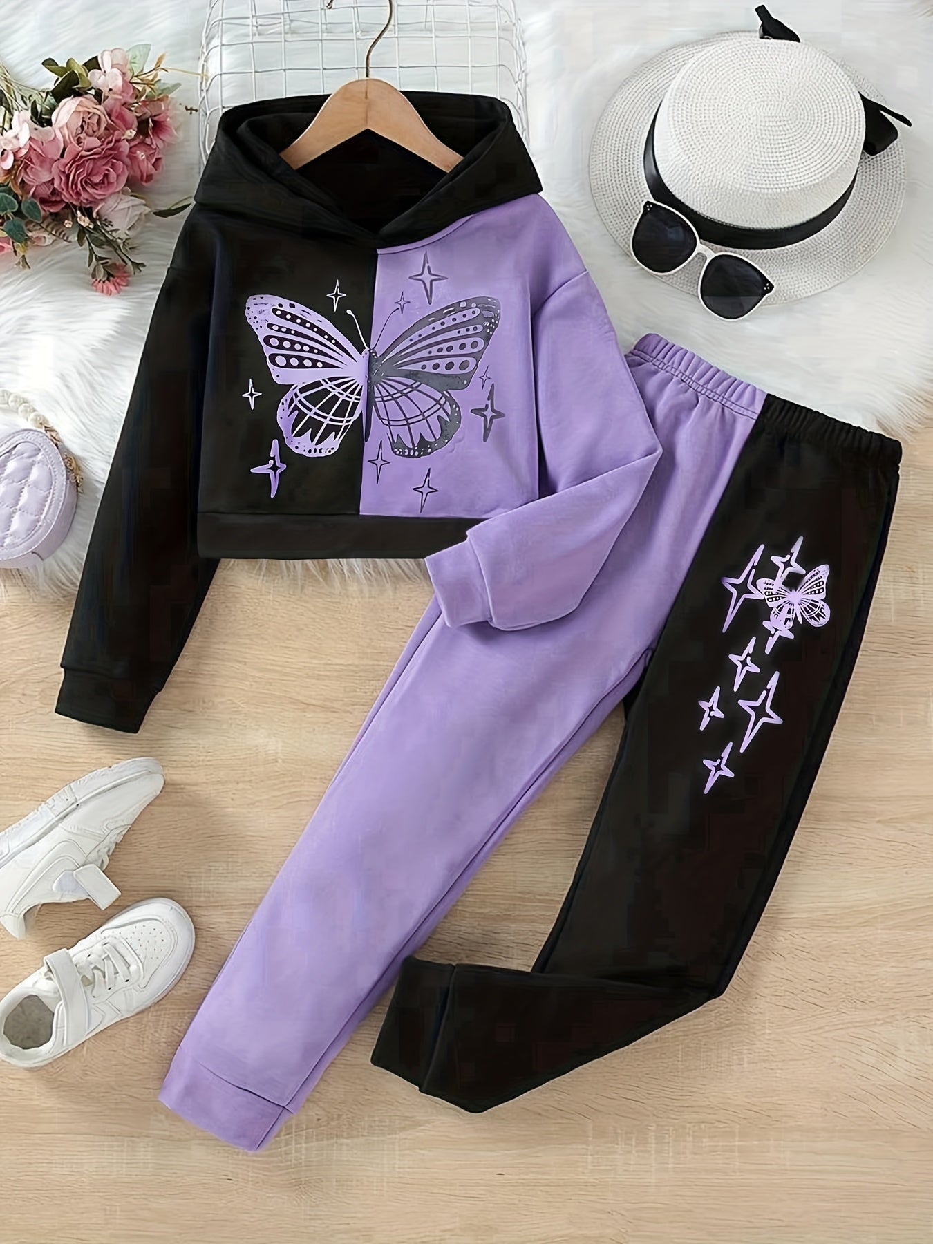 Glitter Butterfly Print Girl's 2pcs Hoodie & Sweatpants Set