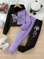 Glitter Butterfly Print Girl's 2pcs Hoodie & Sweatpants Set