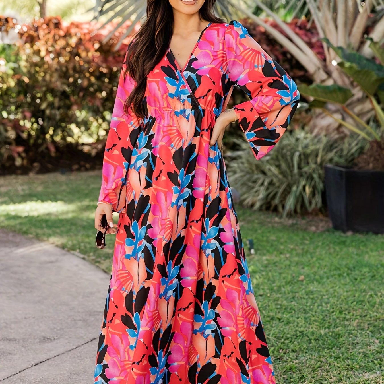 Women's Plus Floral Print Long Sleeve Maxi Dress