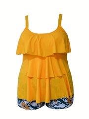 Boho Tankini Set Tropical Print Ruffle Trim Cami Top & Shorts