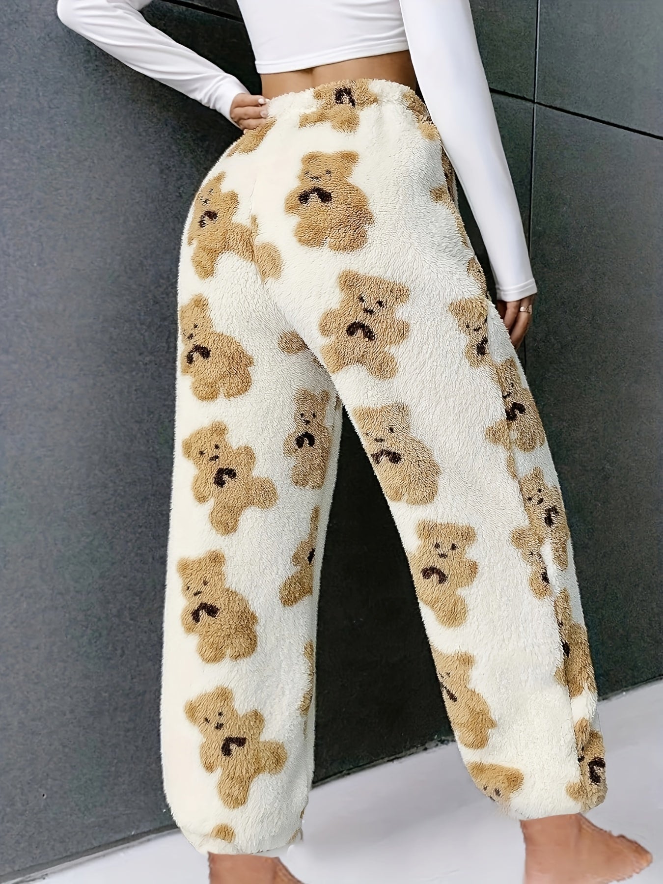 Cartoon Bear Print Lounge Pants Casual & Fuzzy Elastic Waistband Pants